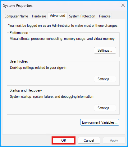 System Properties OK