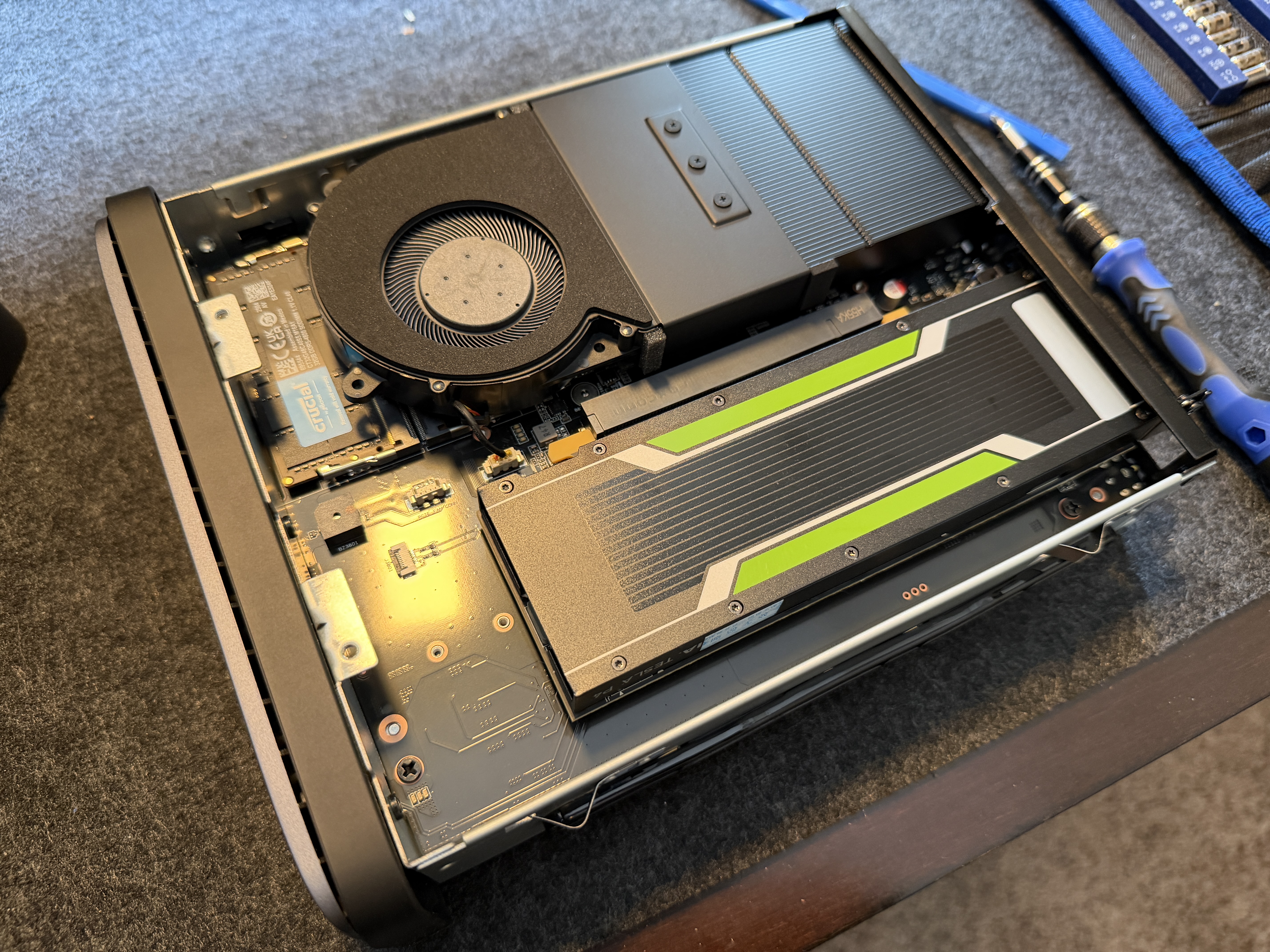 Overhead view of N5 Air motherboard with Tesla P4 GPU installed showing board space usage