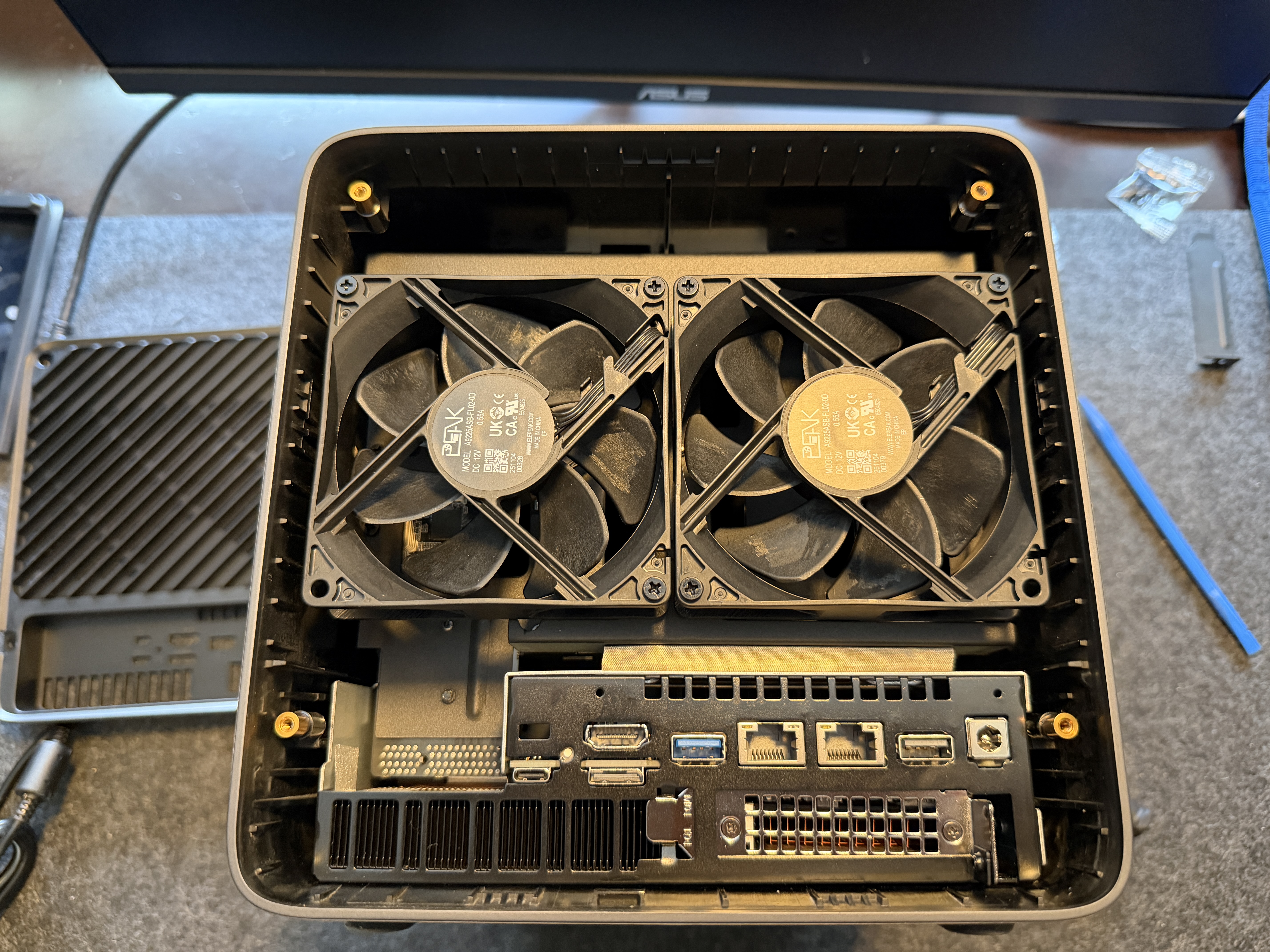 Close-up of N5 Air dual 92mm rear exhaust fans viewed from inside the chassis