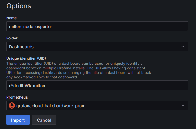 Grafana import dashboard options dialog showing Name, Folder, UID, and Prometheus data source fields
