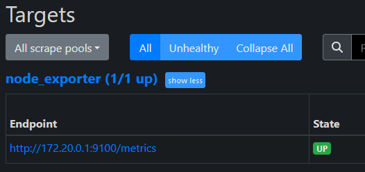 Prometheus web UI Targets page showing node_exporter (1/1 up) with endpoint in UP state