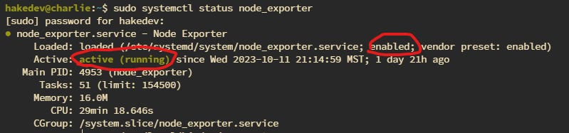 Terminal output of sudo systemctl status node_exporter showing the service as enabled and active (running)