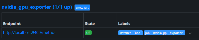Prometheus targets page showing nvidia_gpu_exporter target with UP state