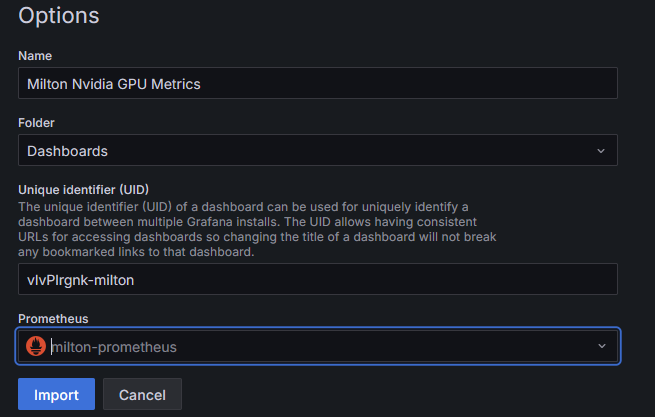 Grafana dashboard import dialog for Nvidia GPU Metrics
