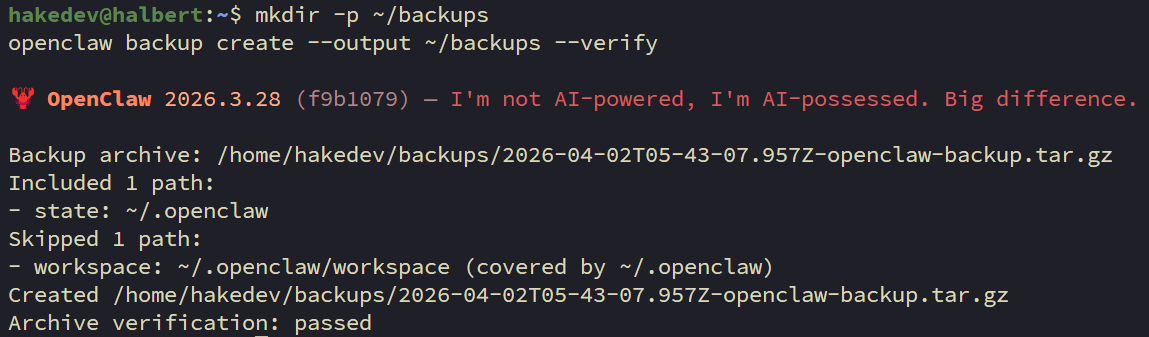 OpenClaw backup create with verify output showing the backup archive path, included state, and Archive verification passed