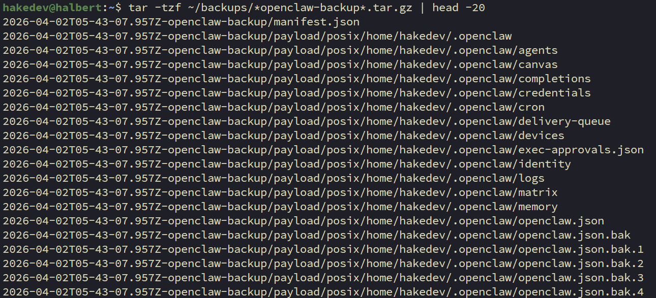 Archive contents showing manifest.json and the nested payload/posix directory structure with agents, canvas, credentials, cron, and config files