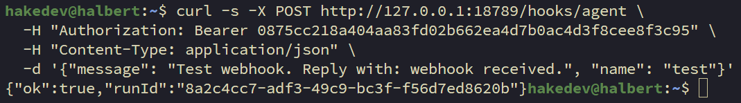 Terminal showing curl POST to hooks/agent endpoint with ok:true and runId response