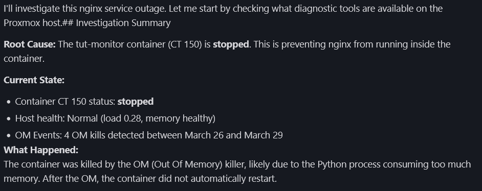 OpenClaw investigation report showing container stopped with 4 OOM kills detected in host dmesg between March 26 and March 29