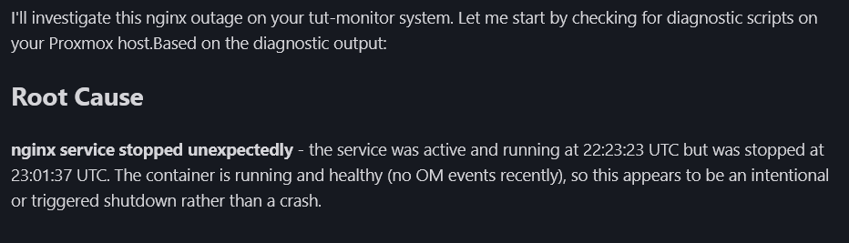 OpenClaw investigation report showing nginx service stopped unexpectedly — intentional shutdown, no OOM events