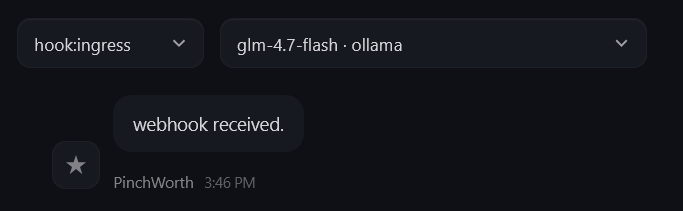 OpenClaw WebChat showing hook:ingress session with PinchWorth responding webhook received