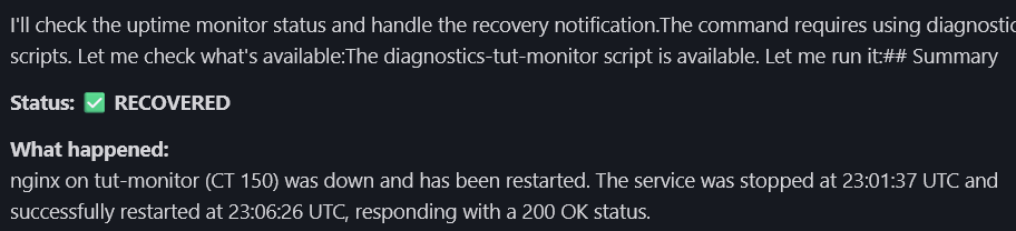 OpenClaw agent acknowledging service recovery — Status RECOVERED, nginx restarted and responding with 200 OK