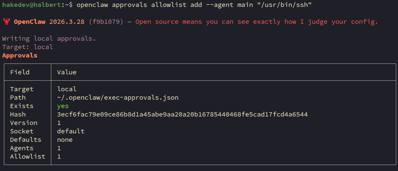 Terminal showing openclaw approvals allowlist add command with 1 agent and 1 allowlist entry for /usr/bin/ssh
