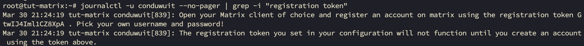Terminal output showing journalctl command with Conduwuit registration token for first user account creation