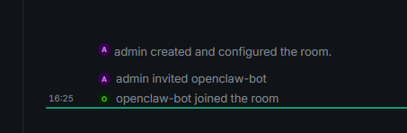 Element Web room showing admin created and configured the room, admin invited openclaw-bot, and openclaw-bot joined the room