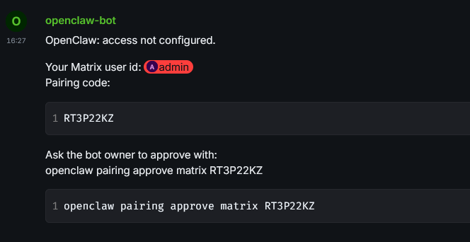 Matrix DM from openclaw-bot showing pairing code RT3P22KZ and the openclaw pairing approve command to run on the server