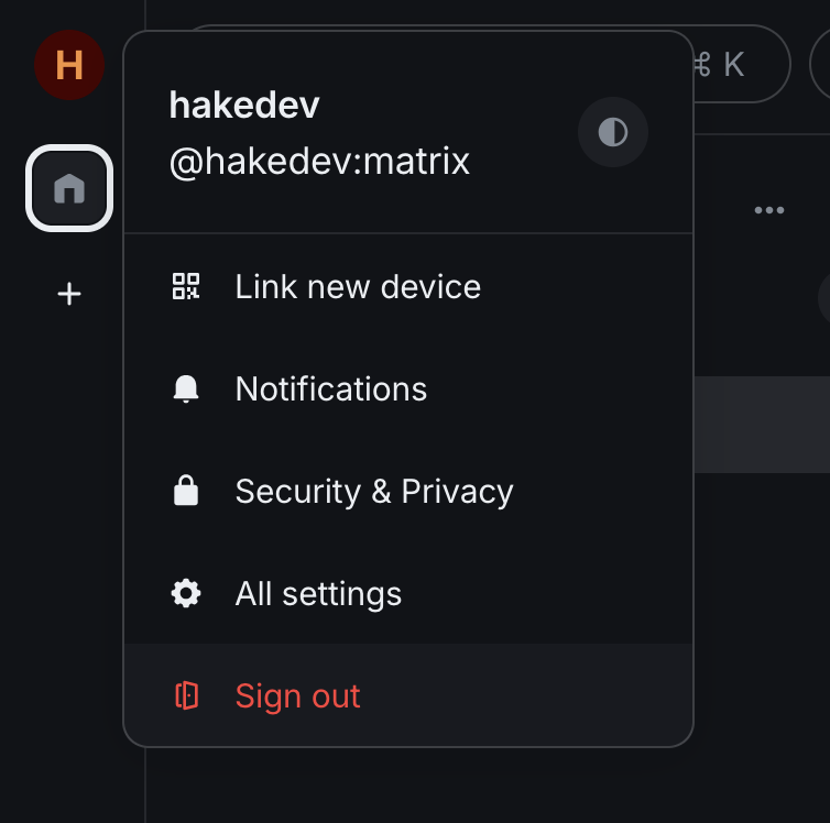 Element Web user profile menu showing hakedev logged in as @hakedev:matrix with options for notifications, security, and settings