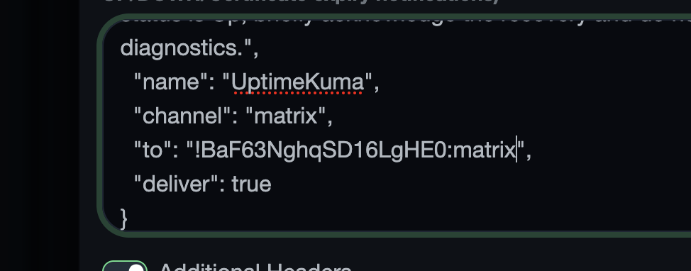 Uptime Kuma webhook body JSON showing channel set to matrix, to set to the Investigations room ID, and deliver set to true