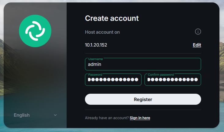 Element Web create account form showing username set to admin with password and confirm password fields filled in