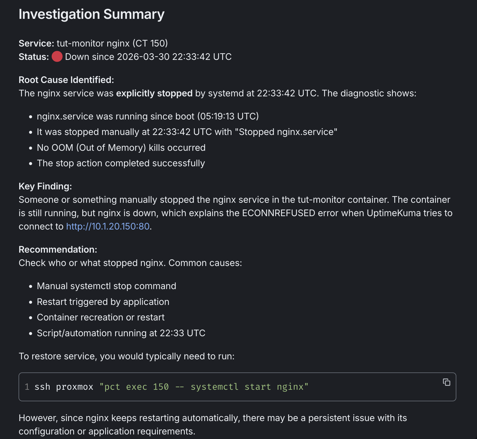 OpenClaw investigation summary in Element Web showing root cause analysis for a downed nginx service with diagnostic details and recommended fix command