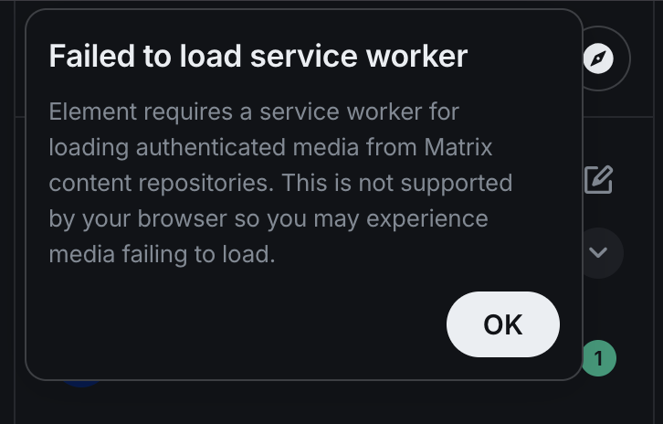 Element Web dialog warning that service worker failed to load, which may cause media to fail loading