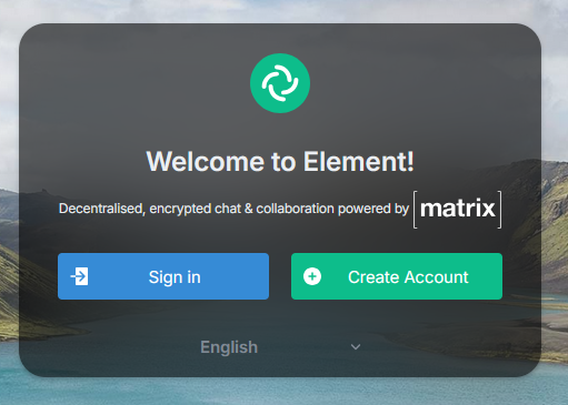 Element Web welcome page with Sign In and Create Account buttons on a dark background