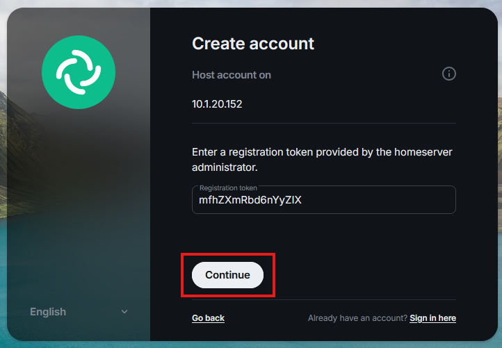 Element Web registration token page with token filled in and Continue button highlighted in red