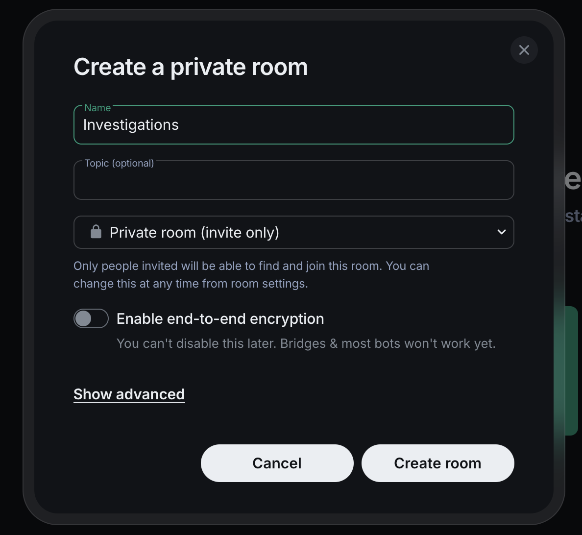 Element Web create a private room dialog with name set to Investigations and end-to-end encryption toggle disabled