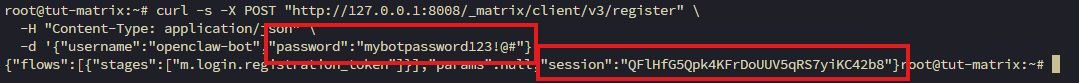 Terminal output of curl registration request showing the 401 response with session ID highlighted for the next step