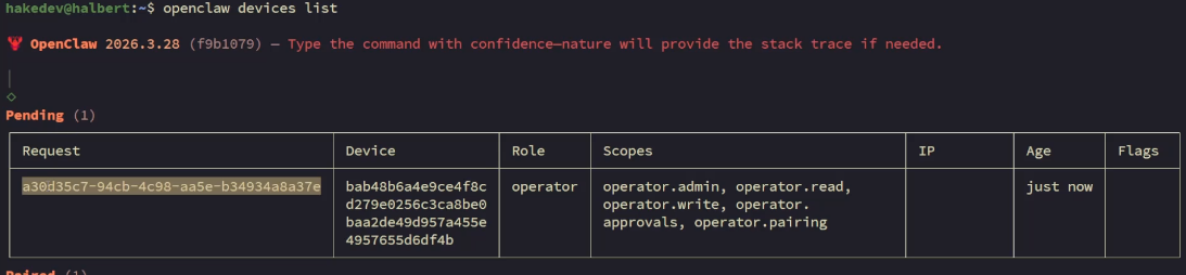 Terminal showing openclaw devices list with a pending device pairing request showing request ID, device ID, operator role, and scopes