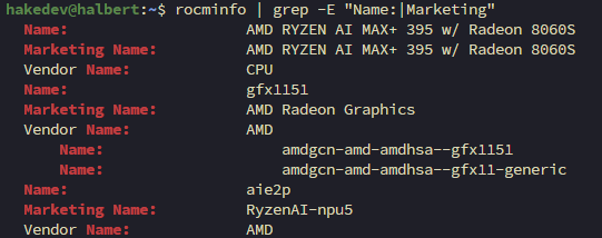 Terminal showing rocminfo output with gfx1151 GPU architecture and AMD Radeon Graphics marketing name