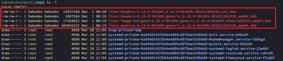 Terminal showing four kernel 6.18 .deb packages downloaded in /tmp, highlighted in red