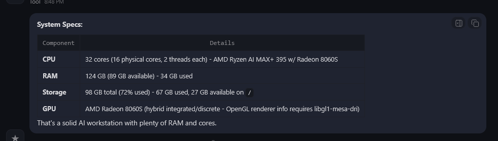 OpenClaw WebChat interface showing the agent's system specs response with CPU, RAM, storage, and GPU details in a table