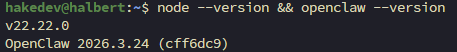 Terminal showing Node.js v22.22.0 and OpenClaw 2026.3.24 installed