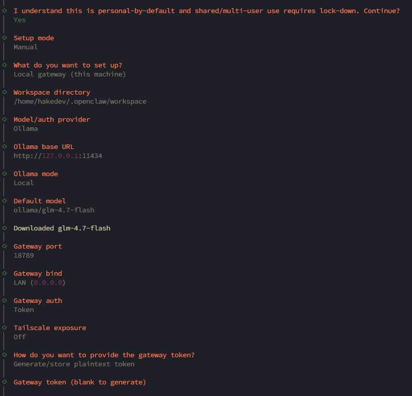 OpenClaw onboarding summary showing all configuration choices