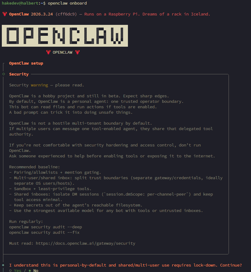OpenClaw interactive onboarding screen showing the security warning and recommended baseline settings