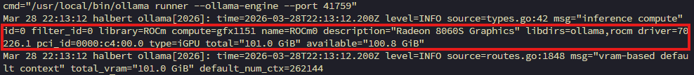 Ollama service logs showing gfx1151 GPU with 101.0 GiB total VRAM and 262144 default context