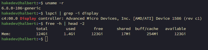 Terminal showing kernel 6.8.0, GPU as Device 1586 (unrecognized), and 124GB RAM on Strix Halo