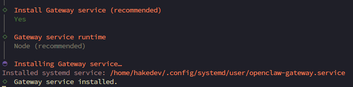 Terminal showing OpenClaw gateway service installed as a user systemd service with lingering enabled