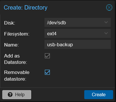 PBS Create Directory dialog with /dev/sdb, ext4, usb-backup name, Add as Datastore and Removable datastore both checked