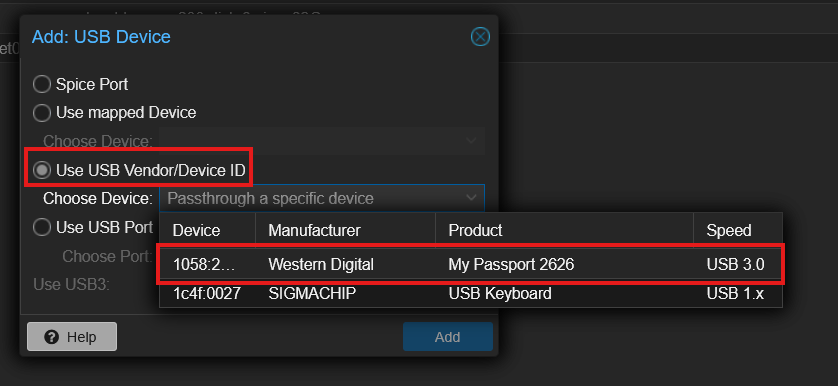 PVE Add USB Device dialog with Use USB Vendor/Device ID selected showing Western Digital My Passport 2626 USB 3.0 highlighted in the dropdown