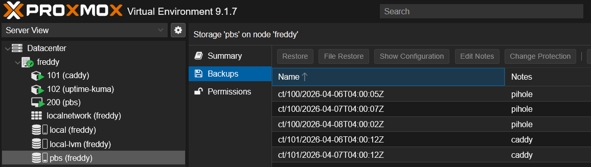 PVE pbs storage Backups tab showing ct/100 pihole and ct/101 caddy backup entries with timestamps ready for restore