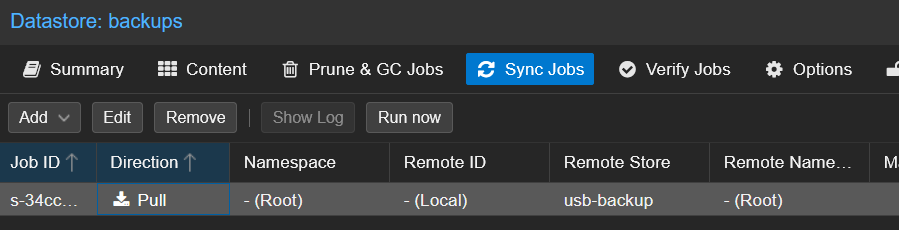 PBS backups Sync Jobs tab showing a Pull job from usb-backup with Run now button visible