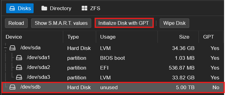 PBS Disks tab with sdb row selected and Initialize Disk with GPT button highlighted ready to click
