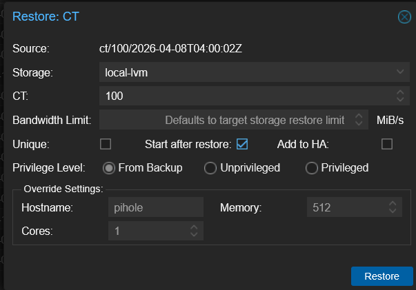 PVE Restore CT dialog restoring ct/100 from the 2026-04-08 snapshot to local-lvm with Start after restore checked