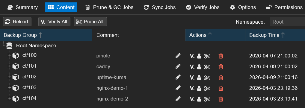 PBS backups Content tab showing ct/100 pihole recovered alongside ct/101 through ct/104 with timestamps