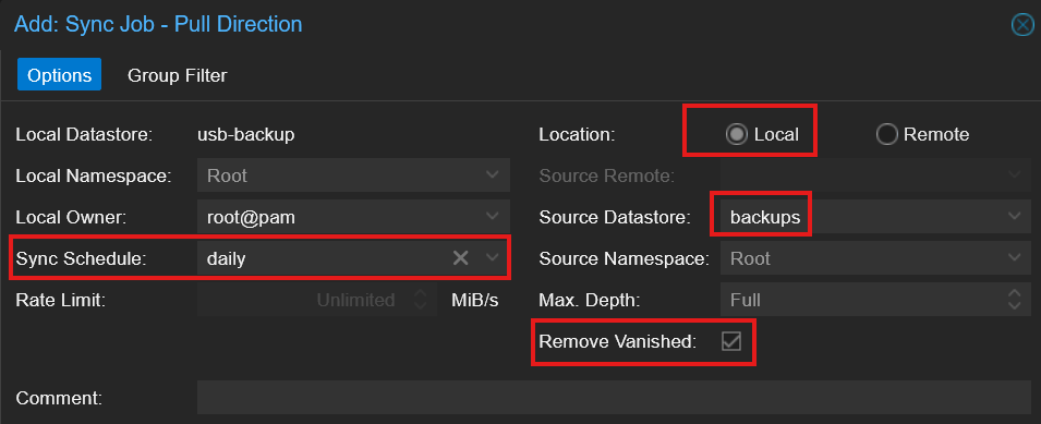 PBS Sync Job dialog with daily schedule, Local, backups, and Remove Vanished all highlighted in red boxes