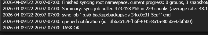 PBS reverse sync task log showing 373 MiB pulled in 229 chunks with TASK OK — ct/100 recovered
