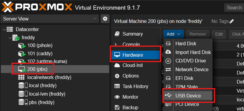 PVE web UI VM 200 Hardware tab with Add dropdown showing USB Device option highlighted