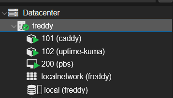 PVE sidebar showing freddy node with only CT 101, CT 102, and VM 200 — CT 100 is gone