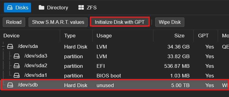 PBS Disks tab after GPT initialization with sdb row and Initialize button highlighted showing GPT Yes result